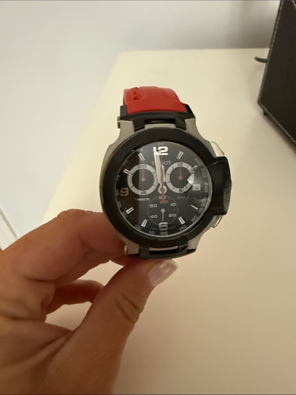 Tissot Black Dial Chronograph with Red Leather Strap
